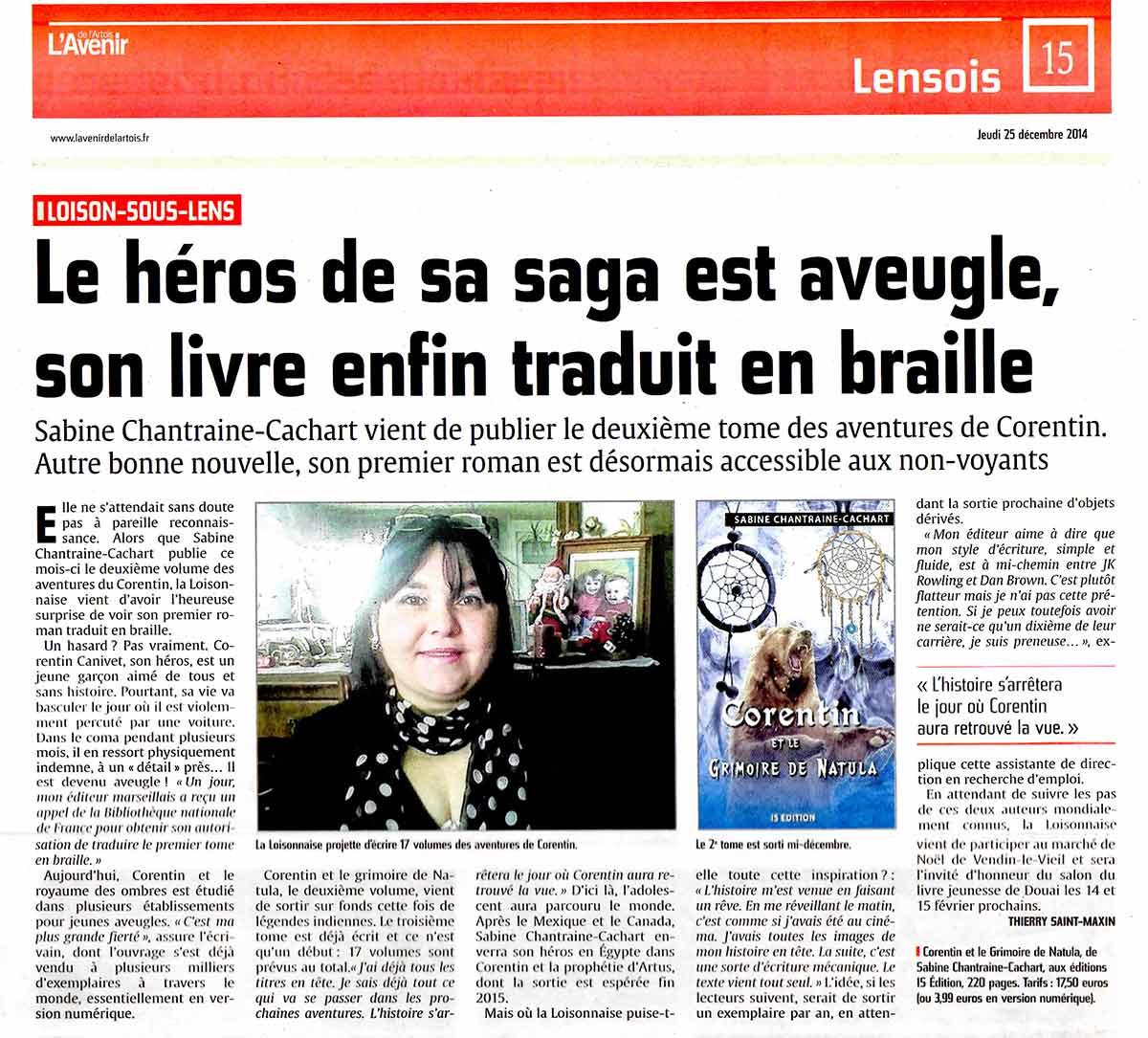 Article sur Sabine CHANTRAINE dans le journal "L'Avenir de l'Artois"