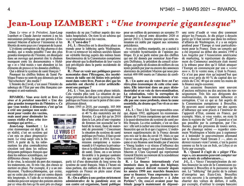 Interview de Jean-Loup Izambert ("Le virus et le Président") sur Rivarol