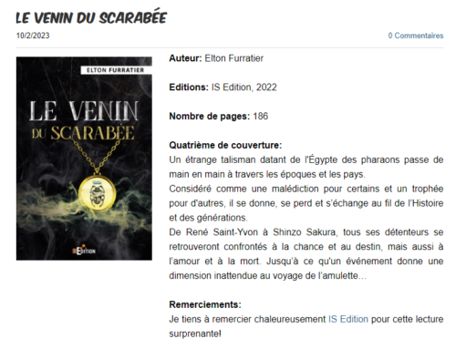 Chroniques de « Le venin du scarabée » (Elton Furratier) à découvrir sur Evasions littéraires et Minie Houselook